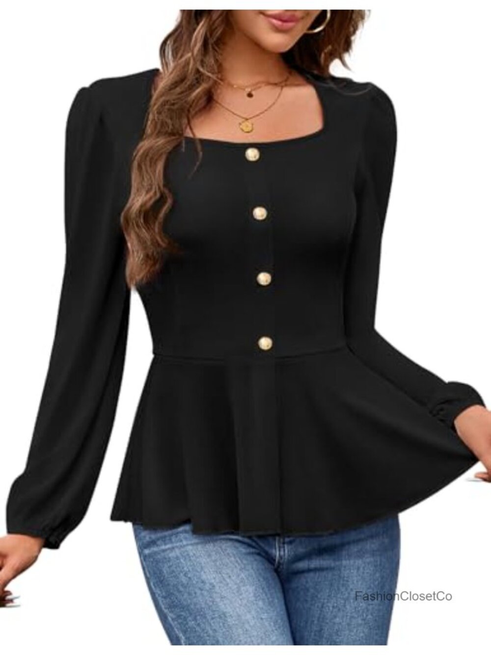 Women's Peplum Blouse Long Sleeve Square Neck Dressy Work Top Ruffle Hem